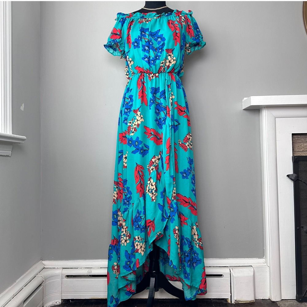 Belle Vere Maxi Dress Small Green Floral Print Off Shoulder Ruffle‎ Trim Cottage - Picture 11 of 16